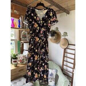 Loft Size 8 Long Floral Dress Navy Pink Flowers Cottagecore Granny Floral